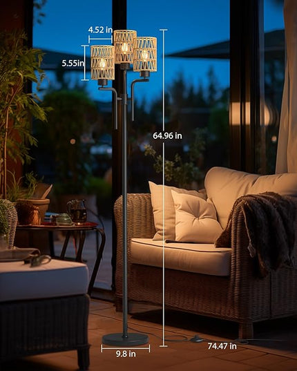 Rattan Floor Lamp, Boho Style Standing Lamp with Foot Switch, 3 Head E26 Universal Sockets, Metal Standing Floor Lamp for Living Room, Bedroom (Bulb Not Included) - LeafyLoom