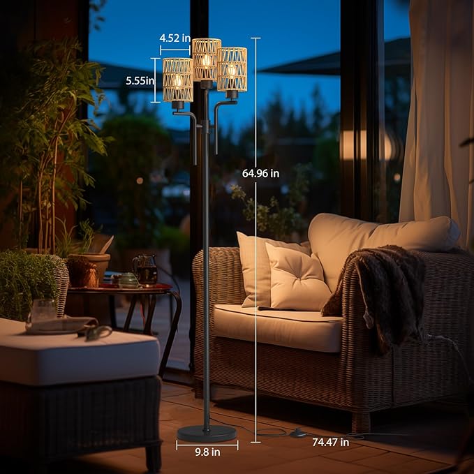 Rattan Floor Lamp, Boho Style Standing Lamp with Foot Switch, 3 Head E26 Universal Sockets, Metal Standing Floor Lamp for Living Room, Bedroom (Bulb Not Included) - LeafyLoom