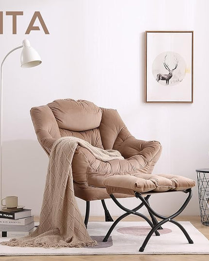 LITA Lazy Chair with Ottoman, Modern Accent Leisure Upholstered Sofa Chair, Contemporary Lounge Reading Chair with Armrests and a Side Pocket for Living Room, Bedroom & Small Space, Dark Brown - LeafyLoom