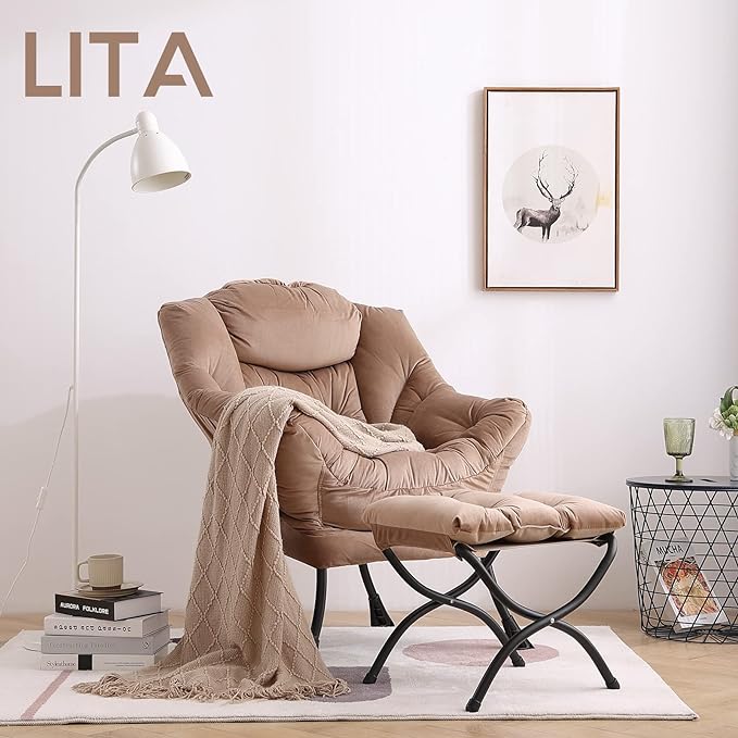 LITA Lazy Chair with Ottoman, Modern Accent Leisure Upholstered Sofa Chair, Contemporary Lounge Reading Chair with Armrests and a Side Pocket for Living Room, Bedroom & Small Space, Dark Brown - LeafyLoom