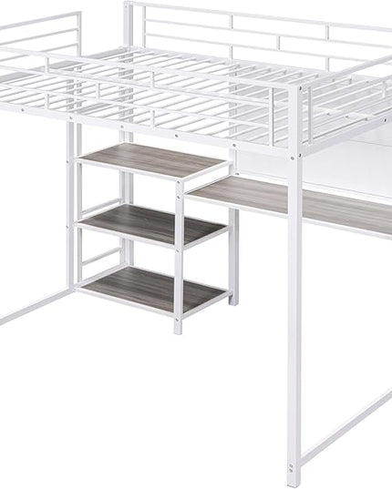 RITSU Full Size Loft Bed, Heavy Duty Metal Bunk Bedframe with Desk and Whiteboard, Safety Guardrail Fence & Ladder, 3 Big Storage Shelves, for Kids, Teens, White - LeafyLoom