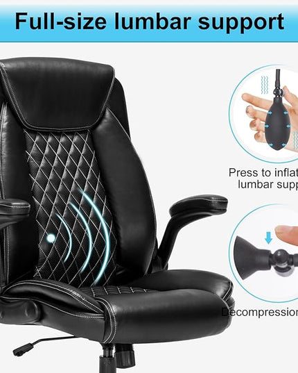 Office Chair Desk Chair High Back Computer Chair - Adjustable Lumbar Support with Flip-Up Arms PU Leather Chair with Spring Cushion - LeafyLoom