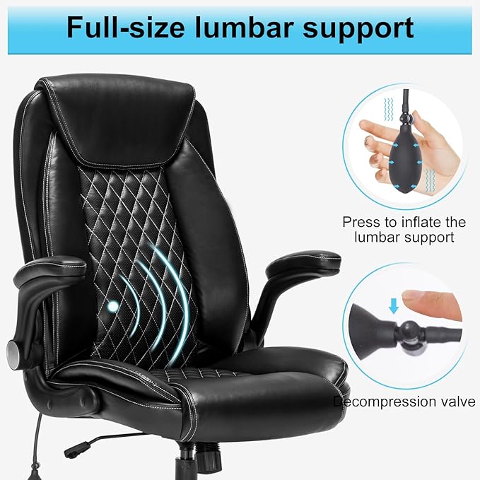 Office Chair Desk Chair High Back Computer Chair - Adjustable Lumbar Support with Flip-Up Arms PU Leather Chair with Spring Cushion - LeafyLoom