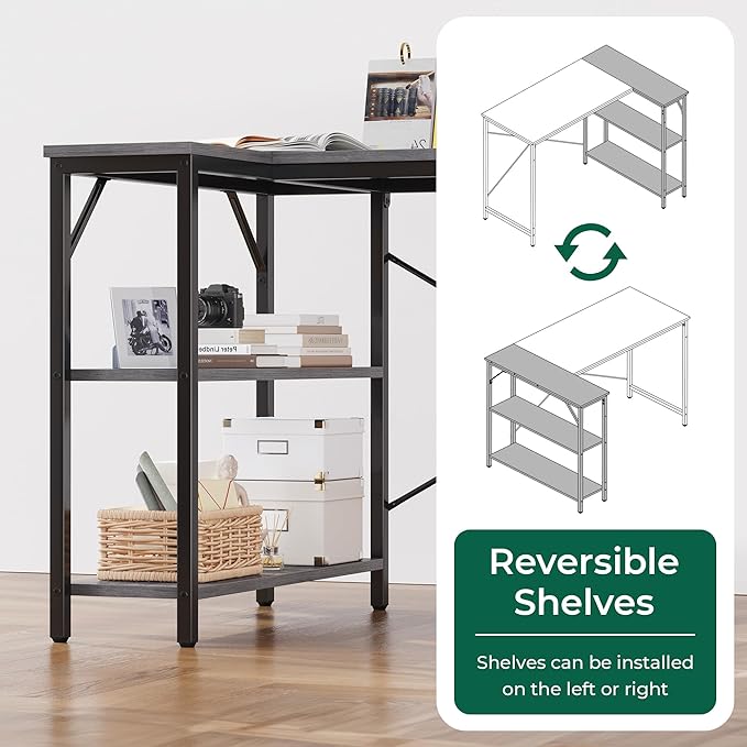 L Shaped Desk, 39 Inches Computer Desk with Reversible Storage Shelves, Gaming Desk, Corner Desk Home Office Desks, Writing Desk Study Desk with Metal Frame, Gray - LeafyLoom