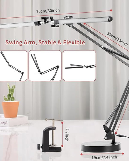 Double Swing Arm Bright LED Desk Light Adjustable Foldable Desk Lamp for Home Office, 3 Colors Lighting & Stepless Dimming Dimmable Table Desk Light for Work/Study/Craft - LeafyLoom