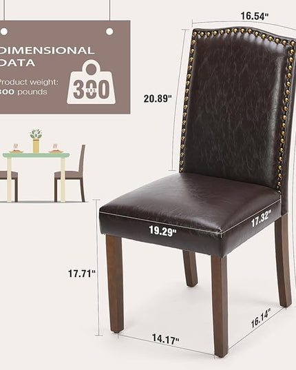 MCQ Upholstered Dining Chairs Set of 6, Modern Upholstered Leather Dining Room Chair with Nailhead Trim and Wood Legs, Mid-Century Accent Dinner Chair for Living Room, Kitchen, Dark Brown - LeafyLoom