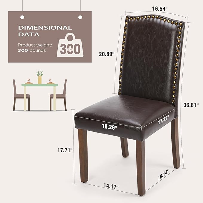 MCQ Upholstered Dining Chairs Set of 6, Modern Upholstered Leather Dining Room Chair with Nailhead Trim and Wood Legs, Mid-Century Accent Dinner Chair for Living Room, Kitchen, Dark Brown - LeafyLoom