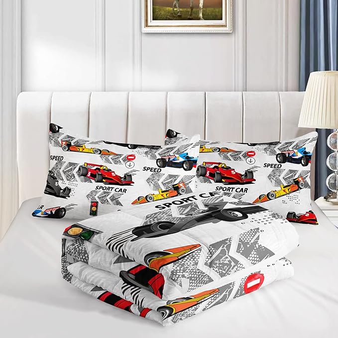 Axolotl Racing Car Comforter Set Queen Size,Extreme Sports Boys Bedding Set for Boys Teens Girls Car Racing Gifts,Race Cars Quilt Bed Set with 1 Comforter 2 Pillowcases,Multi Color - LeafyLoom