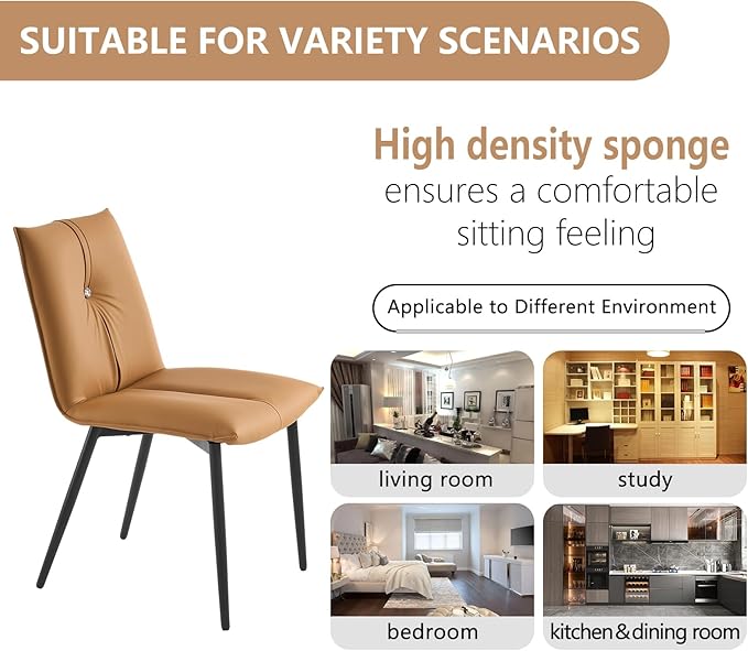 YOUTASTE Dining Chairs Set of 2 Mid Century Modern Upholstered Leather Kitchen Chairs Soft Padded Side Chairs Dinner Chairs with Metal Legs for Living Room Bedroom, Camel - LeafyLoom