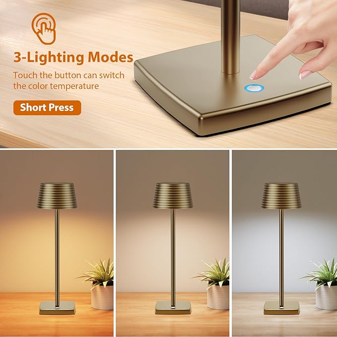 Rechargeable Cordless Table Lamp, Battery 5000mAh Metal Aluminum Housing USB LED Portable Powered Desk Lamp, 3 Levels Brightness Night Light for Restaurants Bars Outdoor (Titanium-2pack) - LeafyLoom