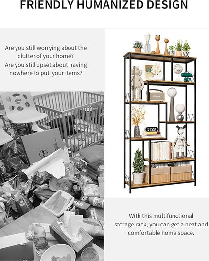 Gizoon 71” Industrial Bookshelves for Storage, Tall Display Etagere 8-Shelves for Bedroom, Metal Frame Staggered Bookcases for Bedroom, Living Room, Home Office, Retro - LeafyLoom