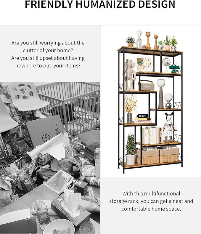 Gizoon 71” Industrial Bookshelves for Storage, Tall Display Etagere 8-Shelves for Bedroom, Metal Frame Staggered Bookcases for Bedroom, Living Room, Home Office, Retro - LeafyLoom