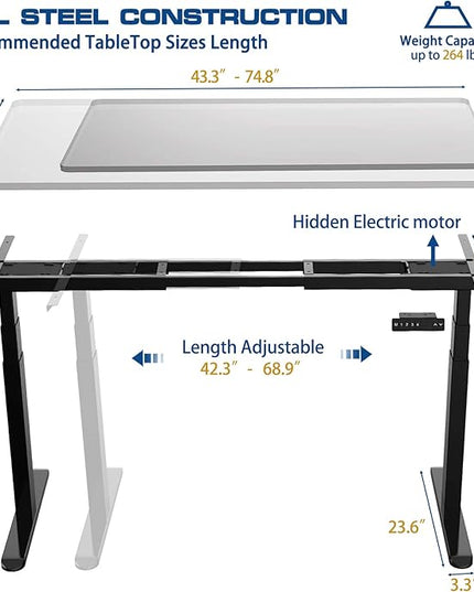 AIMEZO Standing Desk Frame, Dual Motor Electric Height Adjustable Sit Stand Desk Frame with 4 Memory Preset Button, USB Charging Port for Home Office (3 Tier Legs, Black) - LeafyLoom
