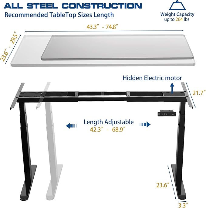 AIMEZO Standing Desk Frame, Dual Motor Electric Height Adjustable Sit Stand Desk Frame with 4 Memory Preset Button, USB Charging Port for Home Office (3 Tier Legs, Black) - LeafyLoom