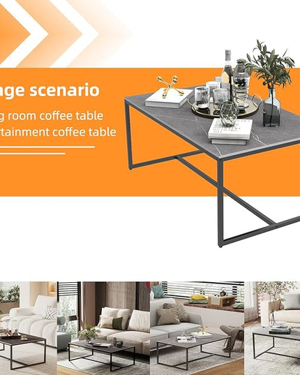 Wisfor Sintered Stone Coffee Table: Grey Sofa Center Table with Black Metal Frame - Rectangular Furniture Decor Table for Living Room, 39.4x23.6x15.7 Inch - LeafyLoom