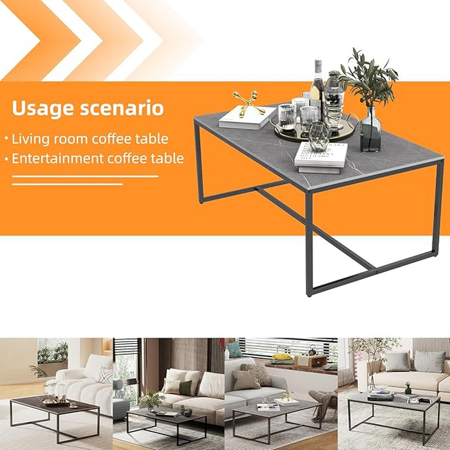 Wisfor Sintered Stone Coffee Table: Grey Sofa Center Table with Black Metal Frame - Rectangular Furniture Decor Table for Living Room, 39.4x23.6x15.7 Inch - LeafyLoom