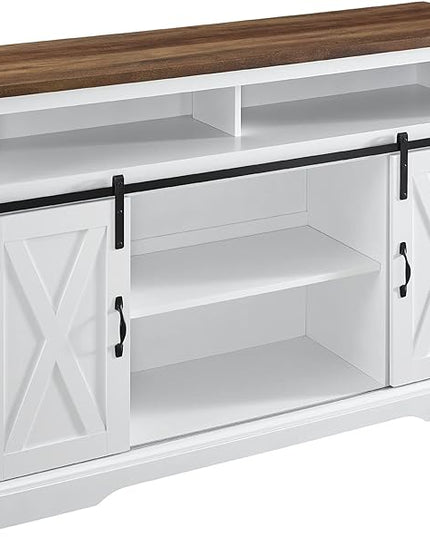 Walker Edison Clayton Farmhouse Sliding Double Barn Door TV Stand for TVs up to 58 Inches, 52 Inch, Solid White - LeafyLoom