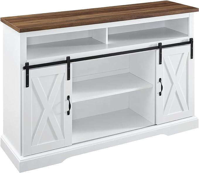 Walker Edison Clayton Farmhouse Sliding Double Barn Door TV Stand for TVs up to 58 Inches, 52 Inch, Solid White - LeafyLoom