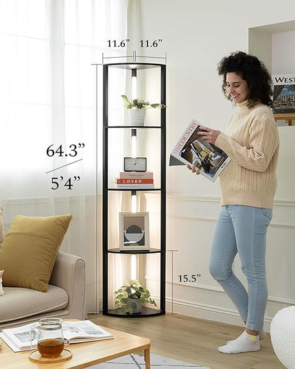 FENLO Fancy - LED Display Shelf with Dimmable Lights, LED Shelf Floor Lamps for Living Room, Sturdy Corner Shelf Curio Cabinet Display, Tall Floor Lamps with Shelves - LeafyLoom