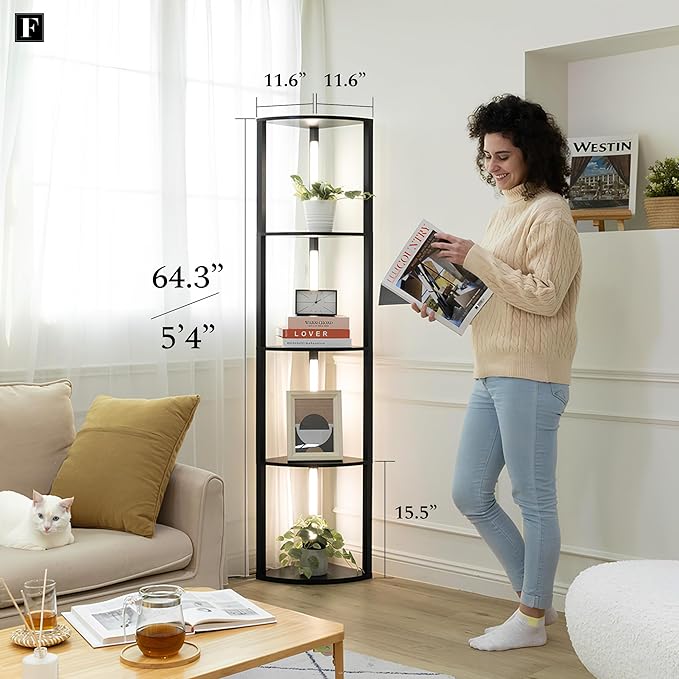 FENLO Fancy - LED Display Shelf with Dimmable Lights, LED Shelf Floor Lamps for Living Room, Sturdy Corner Shelf Curio Cabinet Display, Tall Floor Lamps with Shelves - LeafyLoom