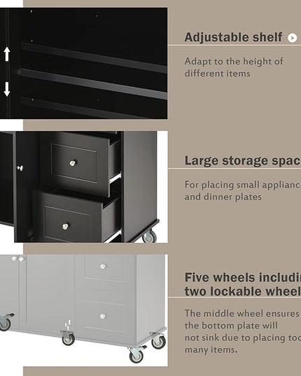 52.7 Cart with Wood Top and Drop Leaf Breakfast Bar, Rolling Mobile Island Towel Rack,Large Storage Cabinet Kitchen Table for Dinning Room, Black, 52.76 Inch - LeafyLoom