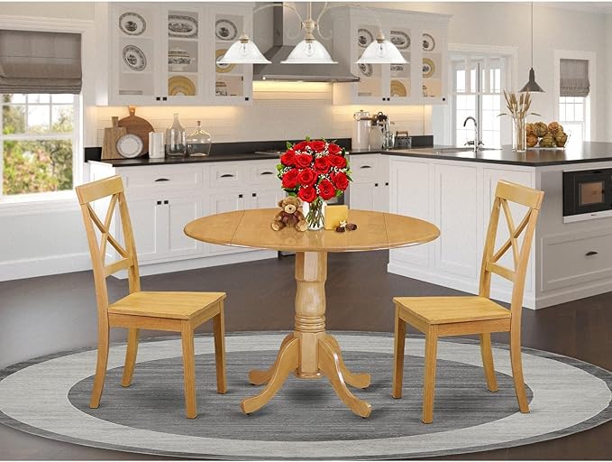 East West Furniture DLBO3-OAK-W 3 Piece Dining Set Contains a Round Dining Room Table with Dropleaf and 2 Wood Seat Chairs, 42x42 Inch, Oak - LeafyLoom