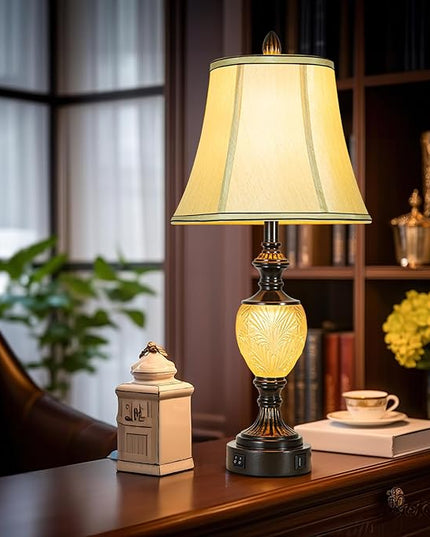 27'' High Vintage Table Lamp Set of 2 for Living Room Farmhouse Bedside Lamp with Fabric Shades Boho Nightstand Lamp with USB and Nightlight for Bedroom Home Office Hotel Bar (Led Bulb Included) - LeafyLoom