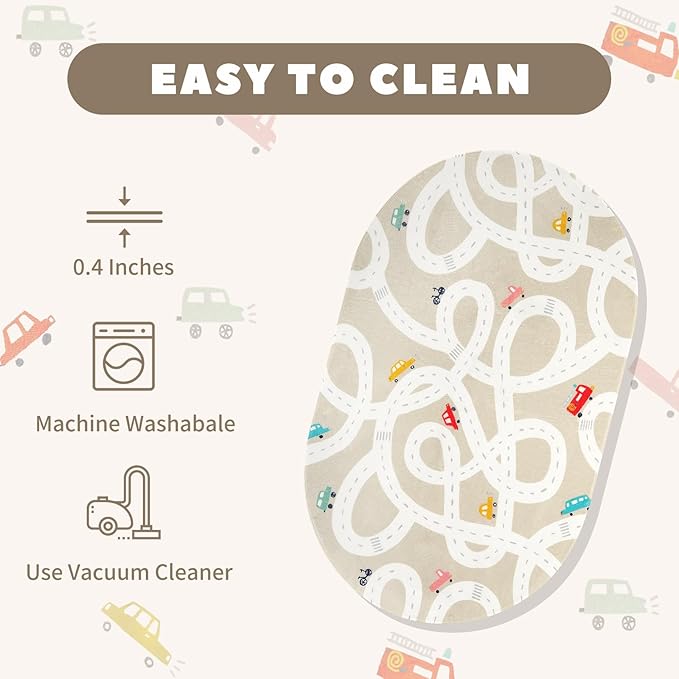 Small Kids Rug for Kids Room, 3'x5' Washable Road Rug for Baby Nursery, Non-Slip Car Rug for Playroom, Tan Traffic Play Mat Soft Fun Rugs for Boys Girls Dorm Toy Room Tent - LeafyLoom