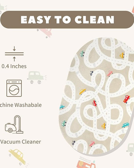 LIVEBOX 4'x6' Toy Car Rug for Kids Room, Machine Washable Area Rug, Non-Slip Road Mat for Playroom, Educational Car Playmat for Nursery, Skin-Friendly Carpet for Bedroom, School - LeafyLoom