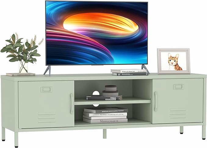 TV Stand for 55 60 inch TV, Metal TV Cabinet Modern Mid Century Entertainment Center with Storage, TV Industrial Media Console Table 2 Cabinet for Living Room, Bedroom, Office (Green) - LeafyLoom