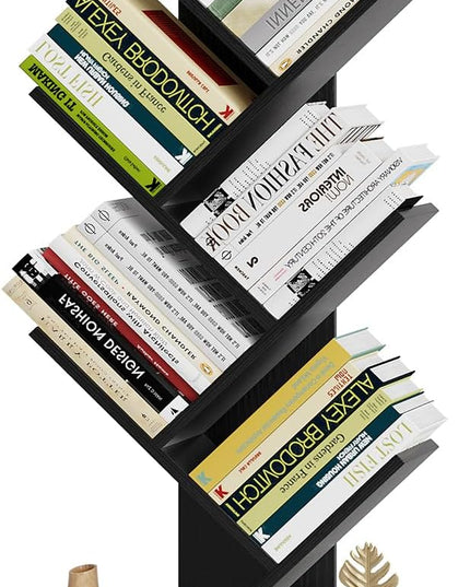 Vagusicc 6 Tier Tree Bookshelf - Modern Shelf Floor Standing Bookcase with Baskets, Tall Wood Book Storage Rack for Books/CDs, Tree Utility Book Organizer Shelves for Living Room, Home Office, Bedroom - LeafyLoom