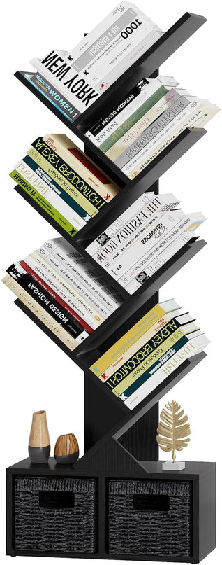 Vagusicc 6 Tier Tree Bookshelf - Modern Shelf Floor Standing Bookcase with Baskets, Tall Wood Book Storage Rack for Books/CDs, Tree Utility Book Organizer Shelves for Living Room, Home Office, Bedroom - LeafyLoom