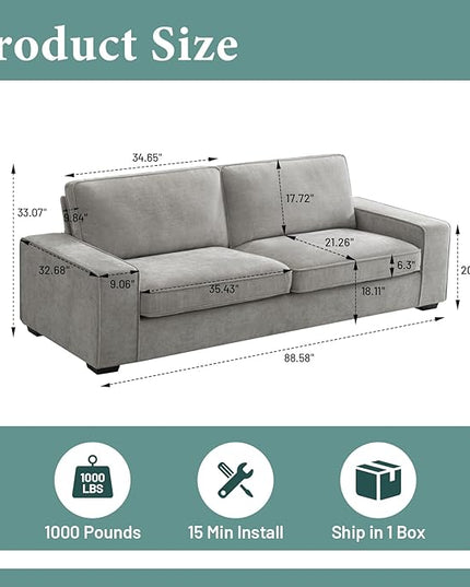 EASELAND Sofa Couch, 88" Chenille Loveseat for Living Room, 3 Seater Lounge Sofa for Bedroom with Removable Back and Seat Cushions, Modern Deep Seat Comfy Couch with Solid Wood Legs and Armrest (Grey) - LeafyLoom