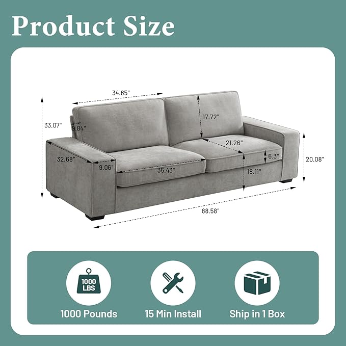 EASELAND Sofa Couch, 88" Chenille Loveseat for Living Room, 3 Seater Lounge Sofa for Bedroom with Removable Back and Seat Cushions, Modern Deep Seat Comfy Couch with Solid Wood Legs and Armrest (Grey) - LeafyLoom