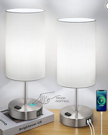 Set of 2 Touch Control Table Lamps with 2 USB Charging Ports&AC Outlet, 3-Way Dimmable Bedside Nightstand Lamps with White Fabric Lampshade for Reading, Bedroom, Living Room, A19 LED Bulbs Included - LeafyLoom
