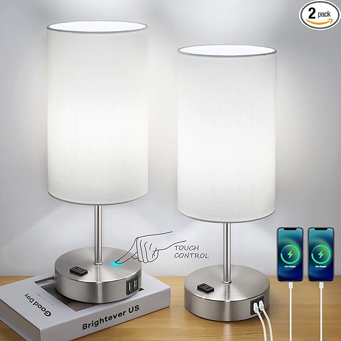 Set of 2 Touch Control Table Lamps with 2 USB Charging Ports&AC Outlet, 3-Way Dimmable Bedside Nightstand Lamps with White Fabric Lampshade for Reading, Bedroom, Living Room, A19 LED Bulbs Included - LeafyLoom