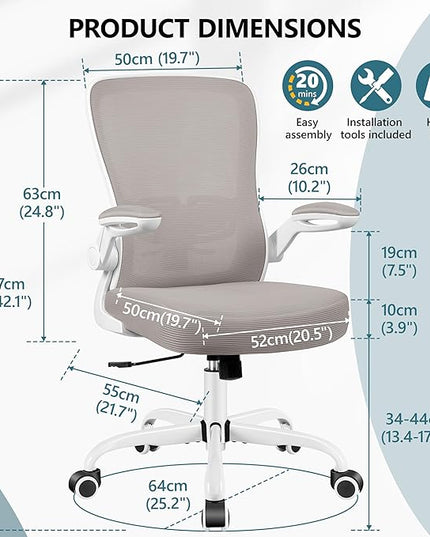 MINLOVE Office Chair Ergonomic Desk Chair with Adjustable Lumbar Support and Height, 90° Flip-up Armrests, Ergo Desk Chairs with Wheels, 360° Swivel Mesh Chair, Home Work Use (Gray) - LeafyLoom
