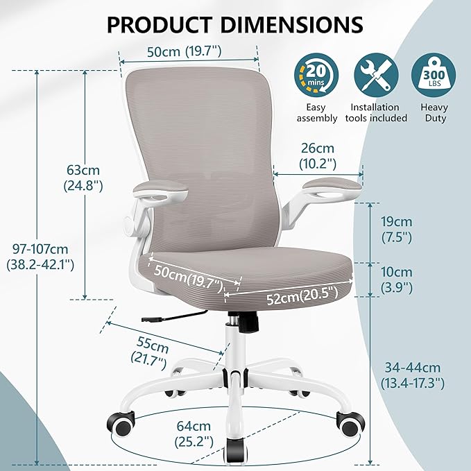 MINLOVE Office Chair Ergonomic Desk Chair with Adjustable Lumbar Support and Height, 90° Flip-up Armrests, Ergo Desk Chairs with Wheels, 360° Swivel Mesh Chair, Home Work Use (Gray) - LeafyLoom