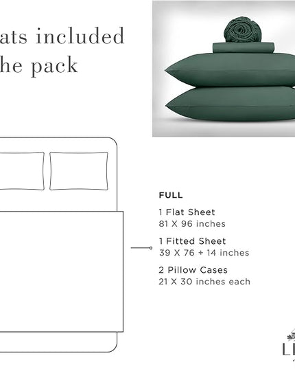 Linen Home Washed Cotton Percale Full Sheet Set, Dark Olive, Deep Pocket, 4 Pieces Bed Sheets - 1 Flat Sheet, 1 Fitted Sheet & 2 Envelope Closure Pillowcases, Cool and Comfortable Bed Linen - LeafyLoom