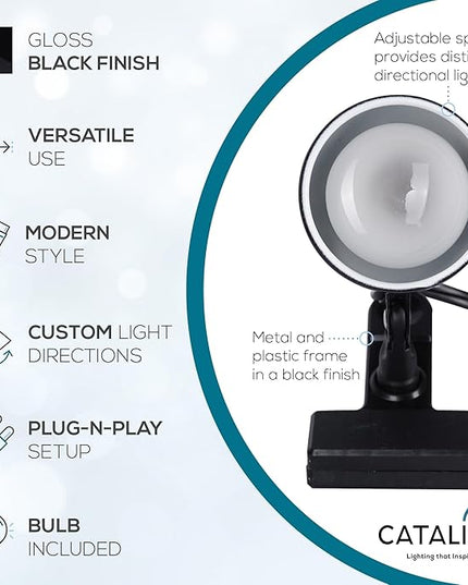 Catalina Lighting 24290-000 Adjustable LED Mini Clip Reading Lamp, Multipurpose Clip Lamp for Office, Dorm, or Bedroom, Smart Home Compatible, LED Bulb Included, 5", Black - LeafyLoom