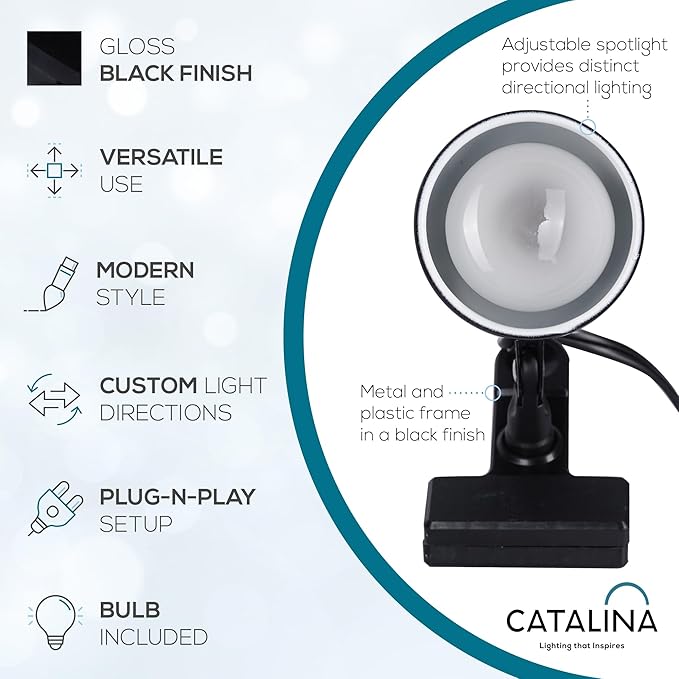 Catalina Lighting 24290-000 Adjustable LED Mini Clip Reading Lamp, Multipurpose Clip Lamp for Office, Dorm, or Bedroom, Smart Home Compatible, LED Bulb Included, 5", Black - LeafyLoom