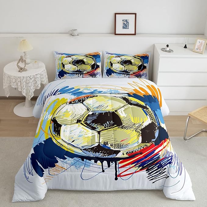 Erosebridal Soccer Twin Comforter Set for Boys Soccer Bedding Set Kids Sports Football Down Comforter for Girls Teen Room Decor Colorful Hip Hop Graffiti Quilt Duvet Insert 1 Pillow Case - LeafyLoom