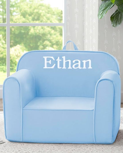 Delta Children Personalized Cozee Chair - Customize with Name – Foam Kids Chair for Ages 18 Months and Up, Powder Blue - LeafyLoom