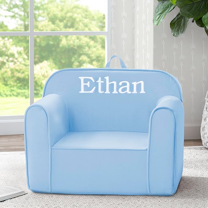 Delta Children Personalized Cozee Chair - Customize with Name – Foam Kids Chair for Ages 18 Months and Up, Powder Blue - LeafyLoom