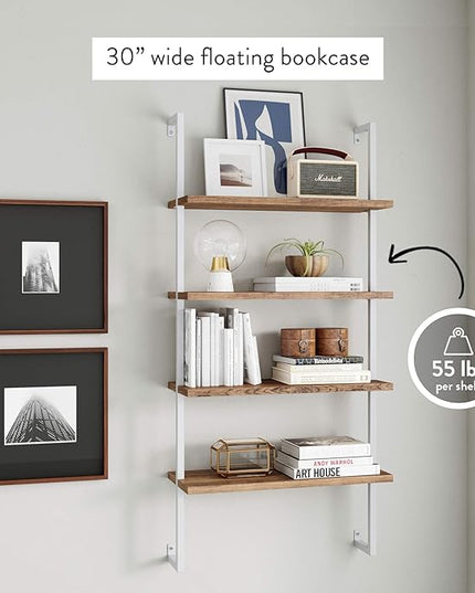 Nathan James Theo 4-Shelf Bookcase, Floating Wall Mount Shelves with Natural Wood and Industrial Pipe Metal Frame, Oak/White - LeafyLoom