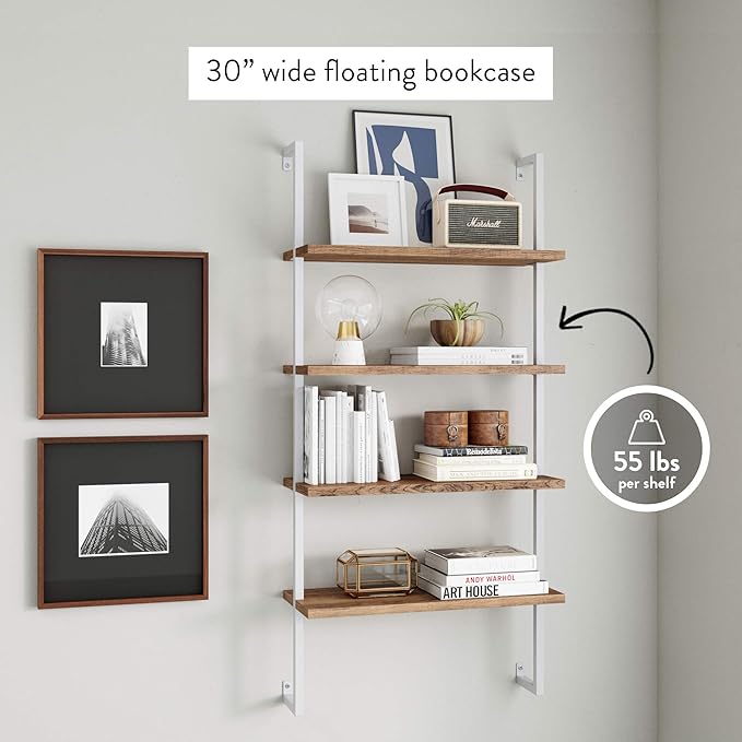 Nathan James Theo 4-Shelf Bookcase, Floating Wall Mount Shelves with Natural Wood and Industrial Pipe Metal Frame, Oak/White - LeafyLoom