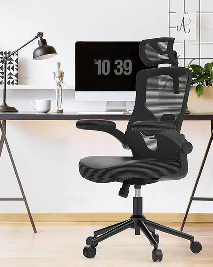 𝑯𝑶𝑴𝑬 𝑶𝑭𝑭𝑰𝑪𝑬 𝑪𝑯𝑨𝑰𝑹, Ergonomic Mesh Desk Chair, High Back Computer Chair- Adjustable Headrest with Flip-Up Arms, Lumbar Support, Swivel Executive Task Chair (Modern, Black) - LeafyLoom
