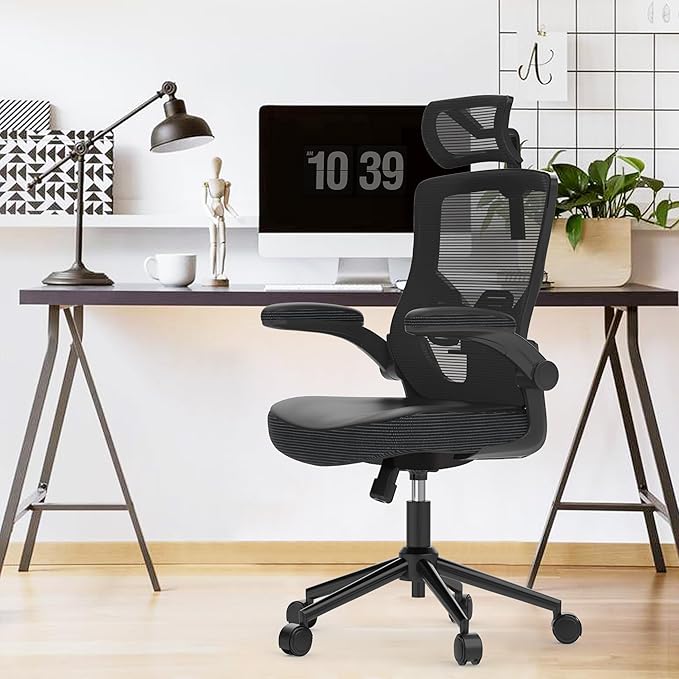 𝑯𝑶𝑴𝑬 𝑶𝑭𝑭𝑰𝑪𝑬 𝑪𝑯𝑨𝑰𝑹, Ergonomic Mesh Desk Chair, High Back Computer Chair- Adjustable Headrest with Flip-Up Arms, Lumbar Support, Swivel Executive Task Chair (Modern, Black) - LeafyLoom