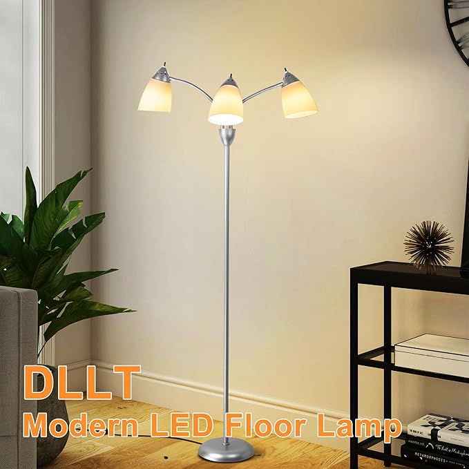 DINGLILIGHTING Floor Lamp Tall for Bedroom: Silver Standing Lamp Reading for Living Room Home Study Room Office - Modern Led Floor Light 3-Light Adjustable Flexible Gooseneck Metal Multi Head - LeafyLoom