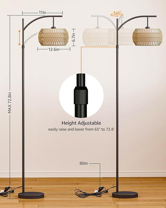 Boho Arc Rattan Floor Lamp with Remote Control - Tall Standing Lamp for Living Room, Mid Century Farmhouse Floor Lamp, Adjustable Height and 360° Rotation for Bedroom, Study Room - LeafyLoom